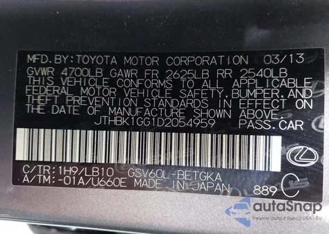 2013 Lexus Es 350 from USA, damaged, VIN JTHBK1GG1D2054959